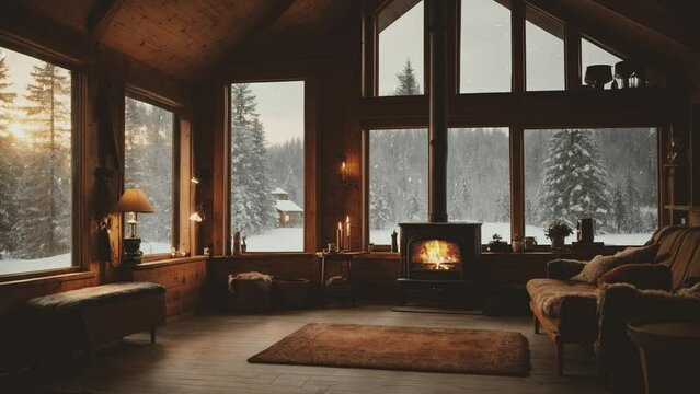 Cozy vacation in a winter house. Enjoy the winter snow fall view. Wooden structure.