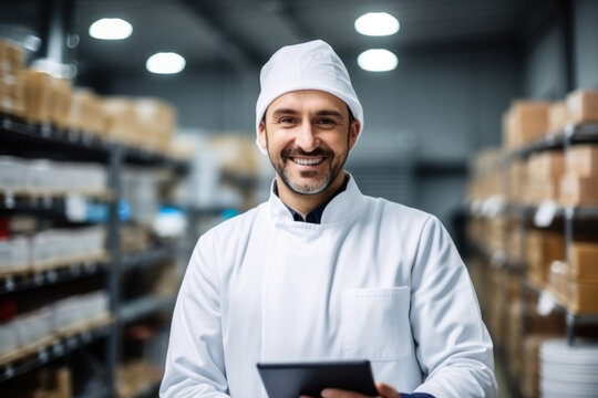 Satisfied chef with a tablet in a warehouse or large kitchen.
