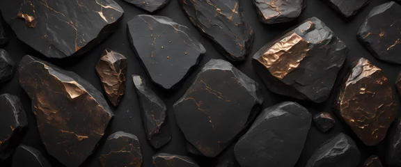 Fotobehang texture of contrast black stone surface between bronze cracked dark wall background. © PLATİNUM