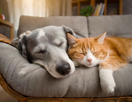 Un chat et un chien font la sieste