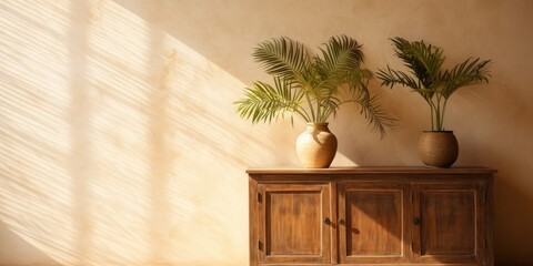 Antique wooden cabinet with tropical tree, clay vase in sunlight, shadow on beige wall for interior design background.
