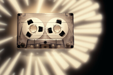 Light rays projection background, photographed with the help of a gobo mask with a vintage audio cassette in 1970s disco music style