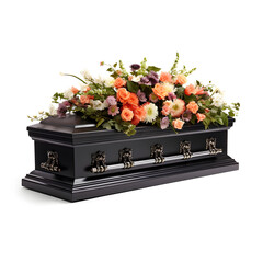 Coffin with flowers isolated on a white background 