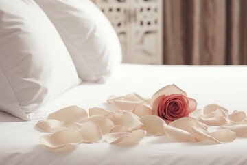 Single rose and petals on a white bed in a romantic setting.