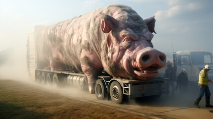 Huge pig on truck trailer with people around and copy space - obrazy, fototapety, plakaty