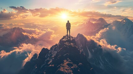 A solitary figure stands triumphantly atop a mountain peak, the silhouette boldly outlined against the sky, embodying the essence of achievement and the conquering of heights - obrazy, fototapety, plakaty