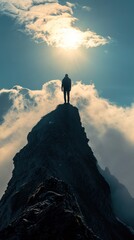 A solitary figure stands triumphantly atop a mountain peak, the silhouette boldly outlined against the sky, embodying the essence of achievement and the conquering of heights