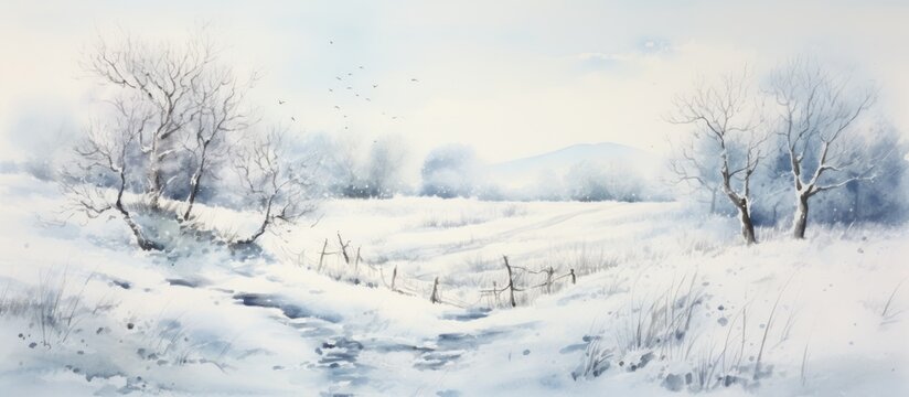 Hand-drawn winter watercolor with falling snow and uneven edges.