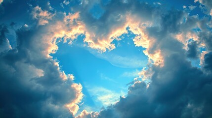 A whimsical formation of clouds creates a natural heart shape in the sky.