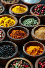 Different spices in a small wooden bowls.