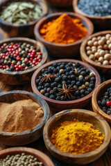 Fototapeta premium Different spices in a small wooden bowls.