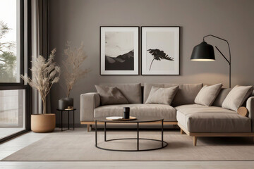 Modern Living Room: Beige Loveseat and Grey Armchair in Japandi Home Interior Design with White Wall and Poster Frames