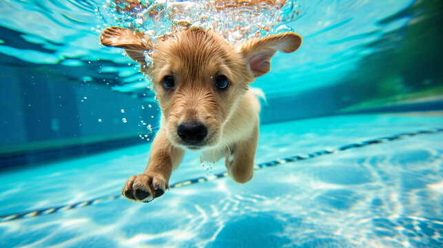 Underwater funny photo of golden labrador retriever puppy in swimming pool play fun. AI Generative