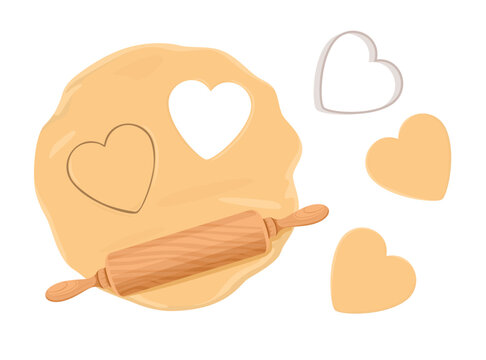 Making heart shaped cookies. Raw dough, rolling pin and baking cutter. Festive pastry for Valentine day. Vector cartoon illustration.