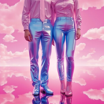  Handsome Early Thirties Manly Man And Woman Smooth Shiny Tight Compression Shiny Blue Smooth Rubber Shirt Pink Tie Shiny Blue Pants Blank Look Face Looks, As If They Are Standing On A Mirror And Its 