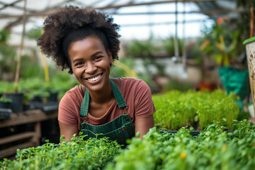 Smiling young woman tending plants in a lush greenhouse environment