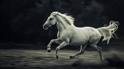 Naklejka na ściany i meble White horse run forward. Picture presenting the galloping white horse. AI Generative
