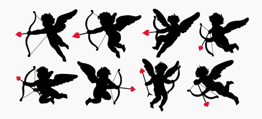 Set of cherub silhouette Valentines day. Cute cupid angels with wings, arrows and bows isolated on white background. Vector illustration