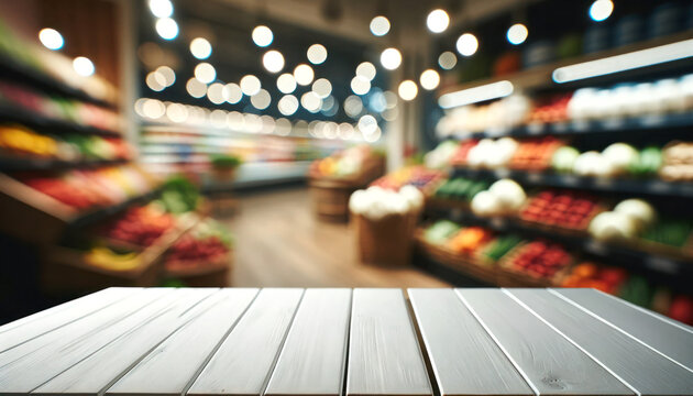 empty white wooden table with beautiful grocery store background