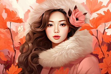 Portrait of a young Asian woman bright colors. Beautiful young asian girl with pink fur and flowers. Beauty Fashion era. Expressive look. Happy Women's day. 8 March . Exotic concept