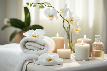 Fototapeta na wymiar Tranquil spa setting with towels rolled up, candles and smooth river stones. 
