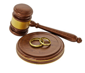Wedding rings and gavel isolated on transparent background. 3D illustration