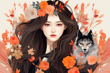 Portrait of a young Asian woman with autumn colors. Beautiful young asian girl with clean fresh skin. Face care. Cosmetology, beauty and spa. 8th march, happy women's day with flowers
