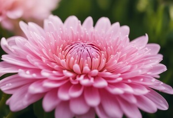 Beautiful big drop of water on a petal of a pink chrysanthemum flower with summer spring reflection