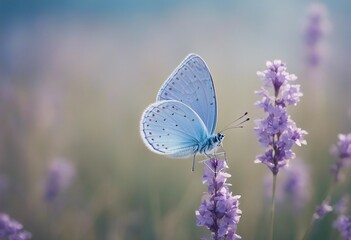 Beautiful light-blue butterfly on blade of grass on a soft lilac blue background Air soft romantic d