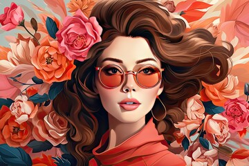 8th march, happy women's day with rose flowers, unique realistic Woman with exotic floral background. Fashion portrait of a girl with gigantic flowers. Expressive look with autumn colors