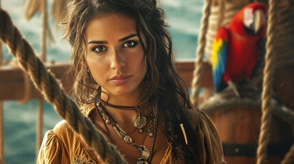 A beautiful woman in a pirate costume, brown long hair, dark eyes, with a parrot beside her