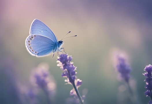 Beautiful light-blue butterfly on blade of grass on a soft lilac blue background Air soft romantic d