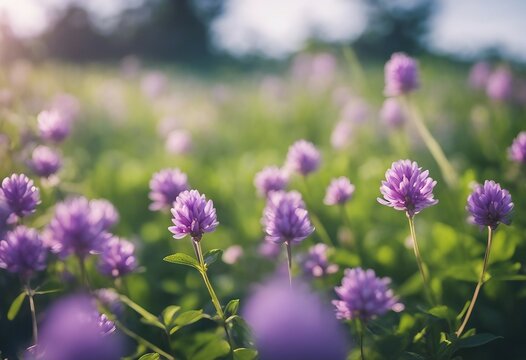 Beautiful purple lilac clover flower meadow in summer in the sun close-up macro on a soft blurred bl