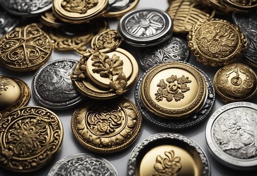 Beautiful textured metal buttons with ornaments and pictures of the silver and gold color close-up m