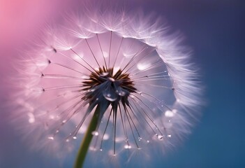 Dandelion close-up macro in drops of dew rain on blue and pink background Refined airy art image