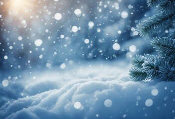 Fototapeta na wymiar Christmas winter snow background with fir branches macro with soft focus and snowfall in blue tones