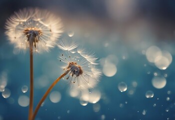 Dandelion Seeds in drops water on blue beautiful background with soft focus in nature macro Drops of