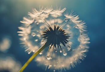 Dandelion Seeds in drops water on blue beautiful background with soft focus in nature macro Drops of