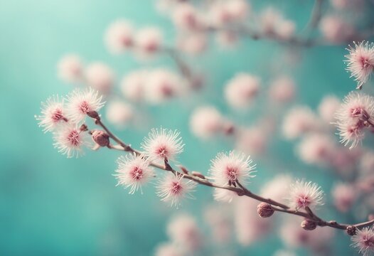 Blooming fluffy willow branches in spring close-up on nature macro with soft focus on turquoise back
