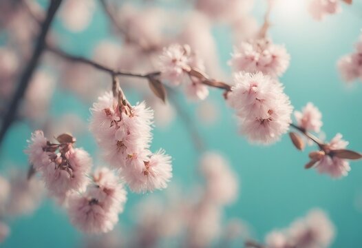 Blooming fluffy willow branches in spring close-up on nature macro with soft focus on turquoise back