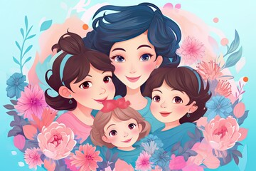 Mother and daughters. Mom hugs her child. Happy Mother's day, holiday concept with pastel pink blue flowers and feathers.