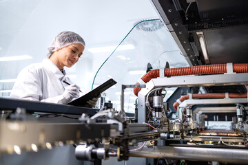Fototapeta premium Engineering technologist controlling automated production machine for electronics industry.
