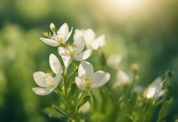 Surprisingly beautiful soft elegant white spring small flower with buds on a green background in the