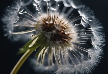 Transparent drop of water on a dandelion flower on a dark macro background Bright expressive gracefu