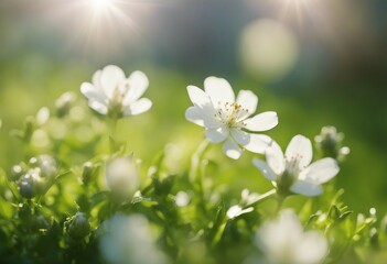 Surprisingly beautiful soft elegant white spring small flower with buds on a green background in the