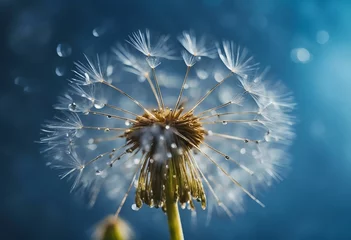  Water drops rain dew close-up macro to seed dandelion flower on a blue background Beautiful image sp © ArtisticLens