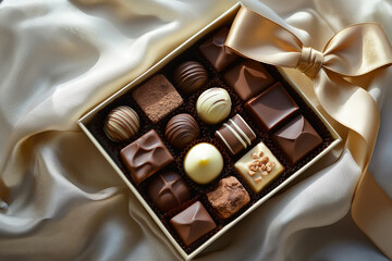Luxury set of handmade chocolates in a gift box decorated with ribbon