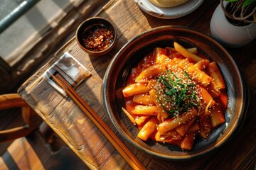 Korean cuisine, tteokbokki in a bowl on a wooden table lit by sunlight. Top view.
