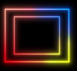 Abstract neon squares with a gradient from red to blue on a black background.