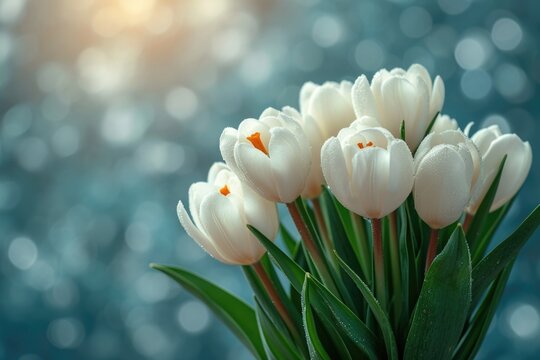 Bouquet of white tulips against a bokeh background.